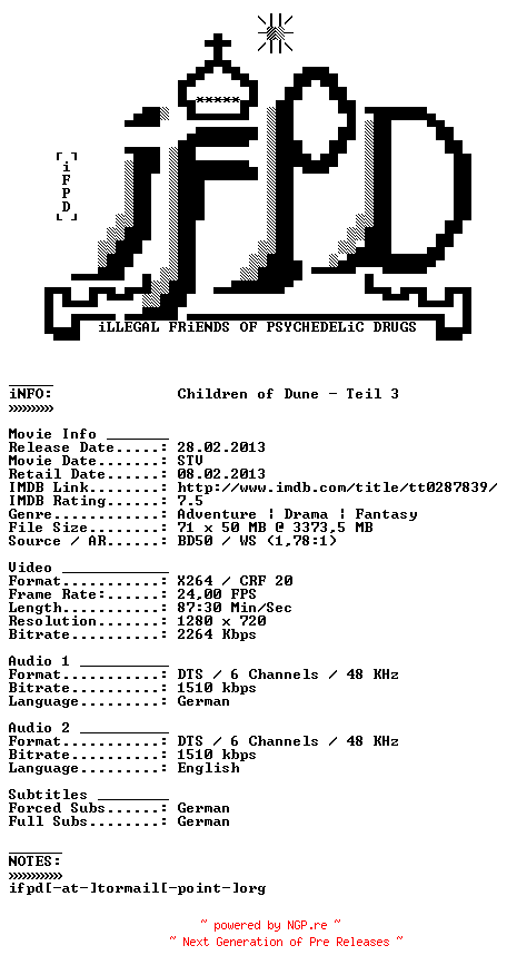 NFO for the release Children.of.Dune.Teil.3.2003.German.DL.720p.BluRay.x264-iFPD by iFPD