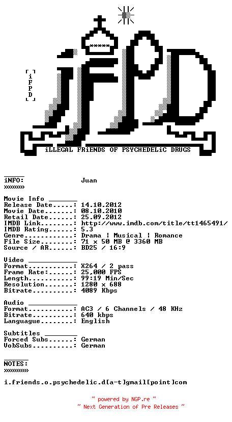 NFO for the release Juan.2010.German.Subbed.720p.BluRay.x264-iFPD by iFPD