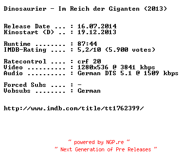 NFO for the release Dinosaurier.Im.Reich.der.Giganten.German.720p.BluRay.x264-EXQUiSiTE by EXQUiSiTE