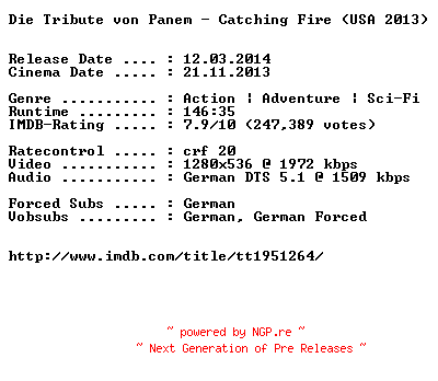 NFO for the release Die.Tribute.von.Panem.Catching.Fire.German.720p.BluRay.x264-EXQUiSiTE by EXQUiSiTE