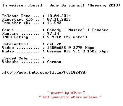 NFO for the release Im.weissen.Roessl.Wehe.Du.singst.German.720p.BluRay.x264-EXQUiSiTE by EXQUiSiTE