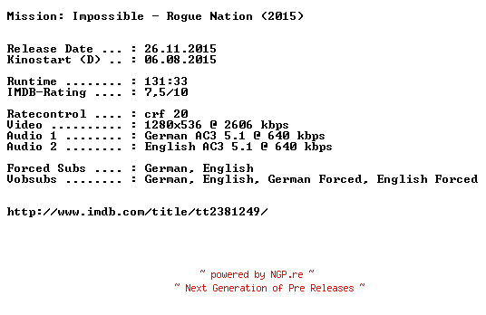 NFO for the release Mission.Impossible.Rogue.Nation.2015.German.DL.720p.BluRay.x264-EXQUiSiTE by EXQUiSiTE