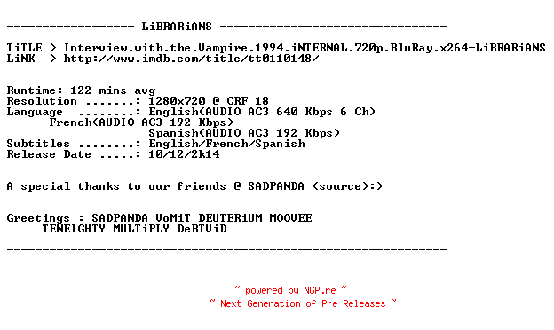 NFO for the release Interview.with.the.Vampire.1994.iNTERNAL.720p.BluRay.x264-LiBRARiANS by LiBRARiANS