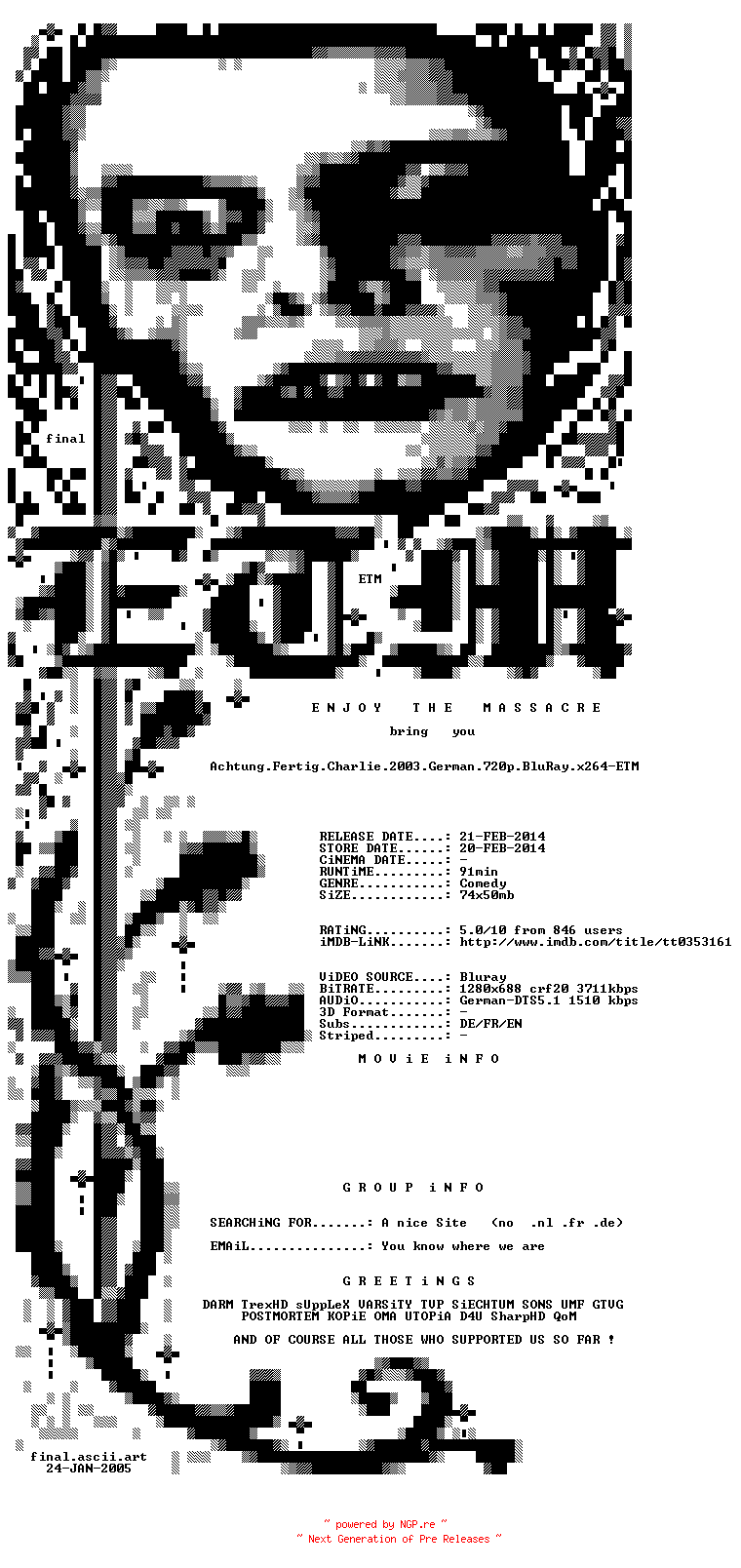 NFO for the release Achtung.Fertig.Charlie.2003.German.720p.BluRay.x264-ETM by ETM