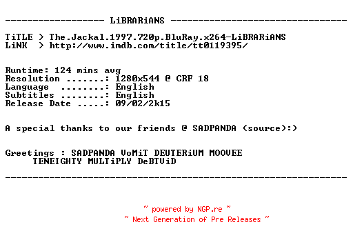 NFO for the release The.Jackal.1997.iNTERNAL.720p.BluRay.x264-LiBRARiANS by LiBRARiANS