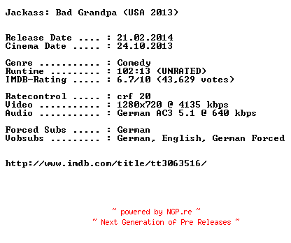 NFO for the release Jackass.Bad.Grandpa.UNRATED.German.720p.BluRay.x264-EXQUiSiTE by EXQUiSiTE