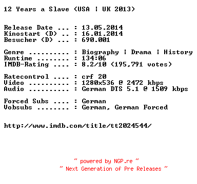 NFO for the release 12.Years.a.Slave.German.720p.BluRay.x264-EXQUiSiTE by EXQUiSiTE