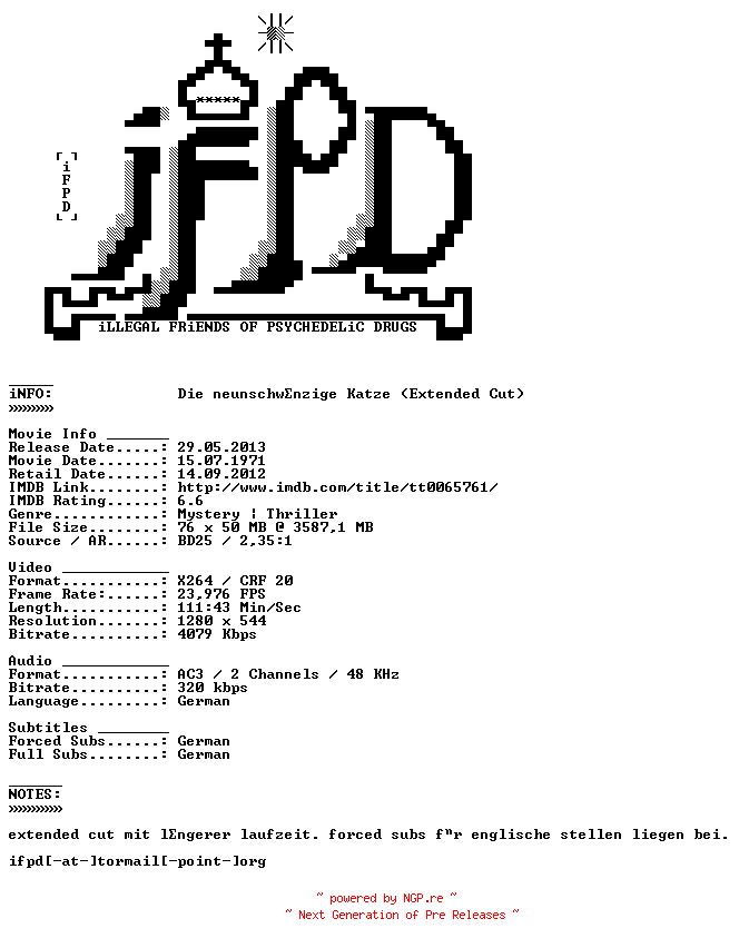 NFO for the release Die.neunschwaenzige.Katze.1971.Extended.Cut.German.720p.BluRay.x264-iFPD by iFPD