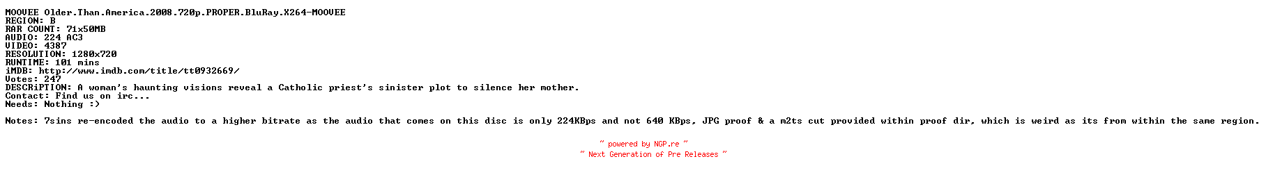 NFO for the release Older.Than.America.2008.720p.PROPER.BluRay.X264-MOOVEE by MOOVEE