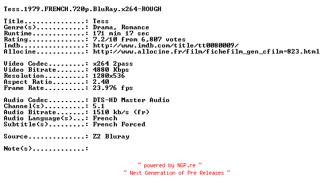 NFO for the release Tess.1979.FRENCH.720p.BluRay.x264-ROUGH by ROUGH