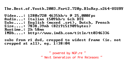 NFO for the release The.Best.of.Youth.2003.Part2.720p.BluRay.x264-USURY by USURY