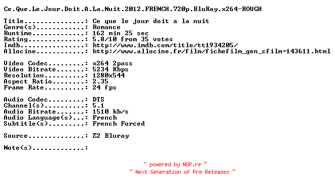 NFO for the release Ce.Que.Le.Jour.Doit.A.La.Nuit.2012.FRENCH.720p.BluRay.x264-ROUGH by ROUGH