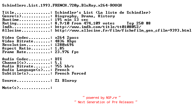 NFO for the release Schindlers.List.1993.FRENCH.720p.BluRay.x264-ROUGH by ROUGH