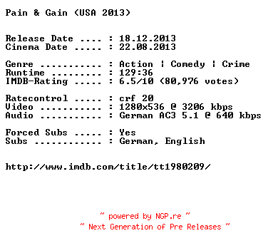 NFO for the release Pain.and.Gain.German.720p.BluRay.x264-EXQUiSiTE by EXQUiSiTE