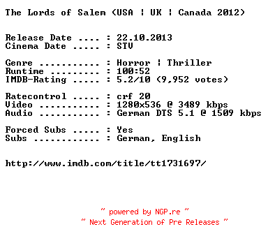 NFO for the release The.Lords.of.Salem.2012.German.720p.BluRay.x264-EXQUiSiTE by EXQUiSiTE