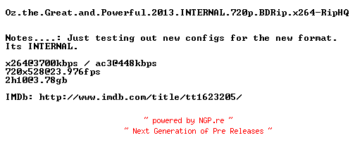 NFO for the release Oz.the.Great.and.Powerful.2013.INTERNAL.720p.BDRip.x264-RipHQ by RipHQ