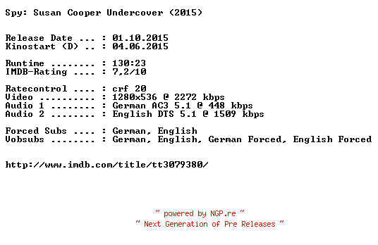 NFO for the release Spy.Susan.Cooper.Undercover.EXTENDED.2015.German.DL.720p.BluRay.x264-EXQUiSiTE by EXQUiSiTE