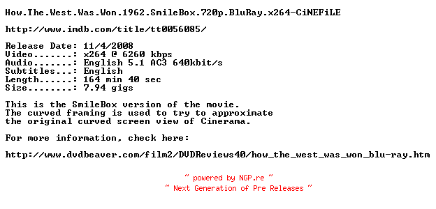 NFO for the release How.The.West.Was.Won.1962.SmileBox.720p.BluRay.x264-CiNEFiLE by CiNEFiLE