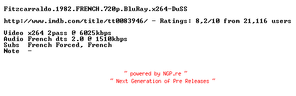 NFO for the release Fitzcarraldo.1982.FRENCH.720p.BluRay.x264-DuSS by DuSS