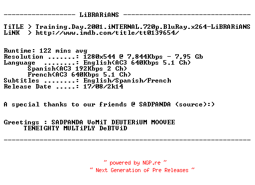 NFO for the release Training.Day.2001.iNTERNAL.720p.BluRay.x264-LiBRARiANS by LiBRARiANS