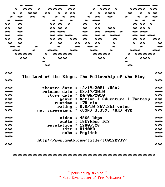 NFO for the release The.Lord.of.the.Rings.The.Fellowship.of.the.Ring.2001.720p.Bluray.x264-CBGB by CBGB