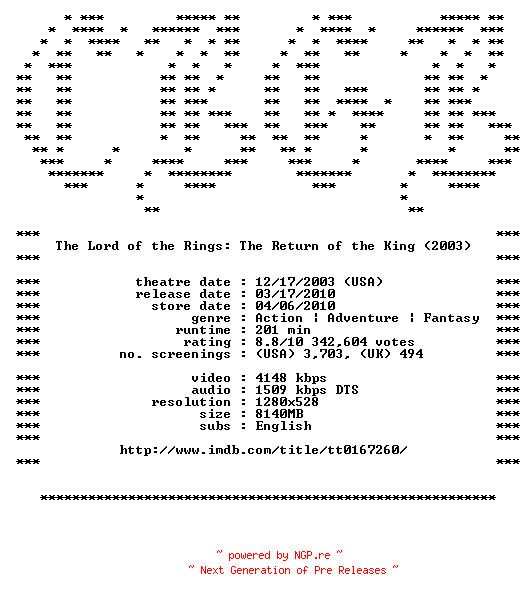 NFO for the release The.Lord.of.the.Rings.The.Return.of.the.King.2003.720p.Bluray.x264-CBGB by CBGB
