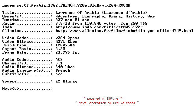 NFO for the release Lawrence.Of.Arabia.1962.FRENCH.720p.BluRay.x264-ROUGH by ROUGH