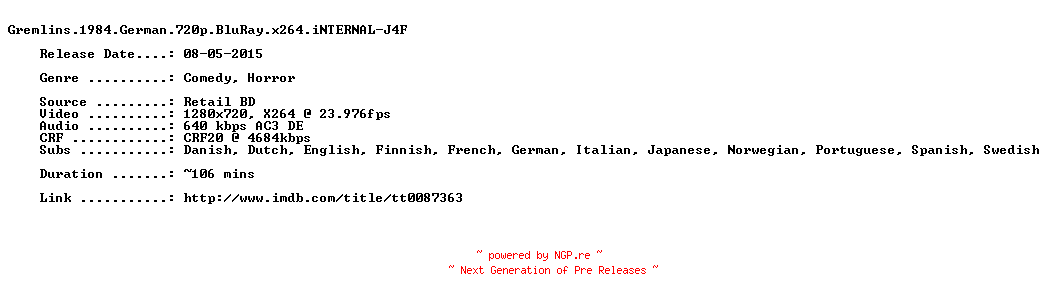 NFO for the release Gremlins.1984.German.720p.BluRay.x264.iNTERNAL-J4F by J4F