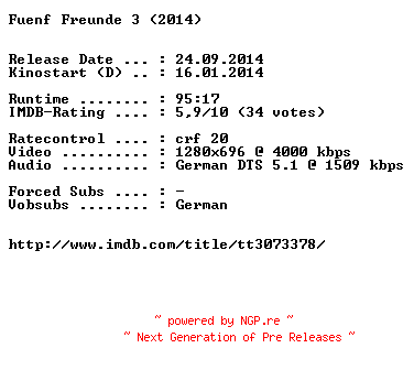 NFO for the release Fuenf.Freunde.3.German.720p.BluRay.x264-EXQUiSiTE by EXQUiSiTE