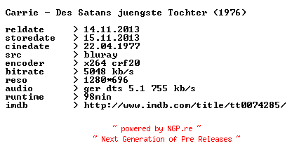 NFO for the release Carrie.Des.Satans.juengste.Tochter.1976.German.720p.BluRay.x264-CONTRiBUTiON by CONTRiBUTiON
