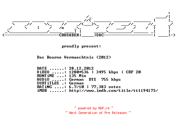 NFO for the release Das.Bourne.Vermaechtnis.German.720p.BluRay.x264-CONFiDENT by CONFiDENT