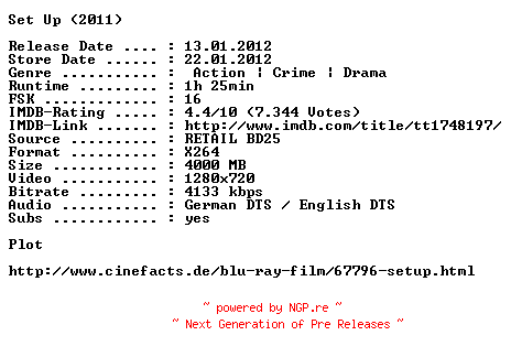 NFO for the release Set.Up.2011.German.DL.720p.BluRay.x264.iNTERNAL-2G0D4U by 2G0D4U