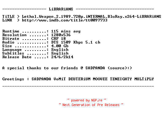 NFO for the release Lethal.Weapon.2.1989.720p.iNTERNAL.BluRay.x264-LiBRARiANS by LiBRARiANS