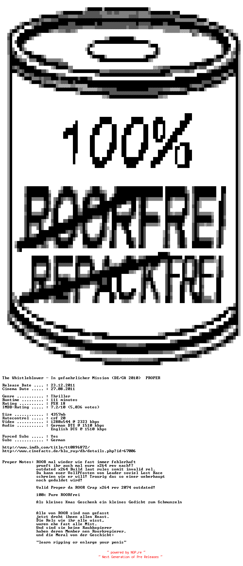 NFO for the release The.Whistleblower.In.gefaehrlicher.Mission.German.DL.720p.BluRay.x264.PROPER-ROORfrei by ROORfrei