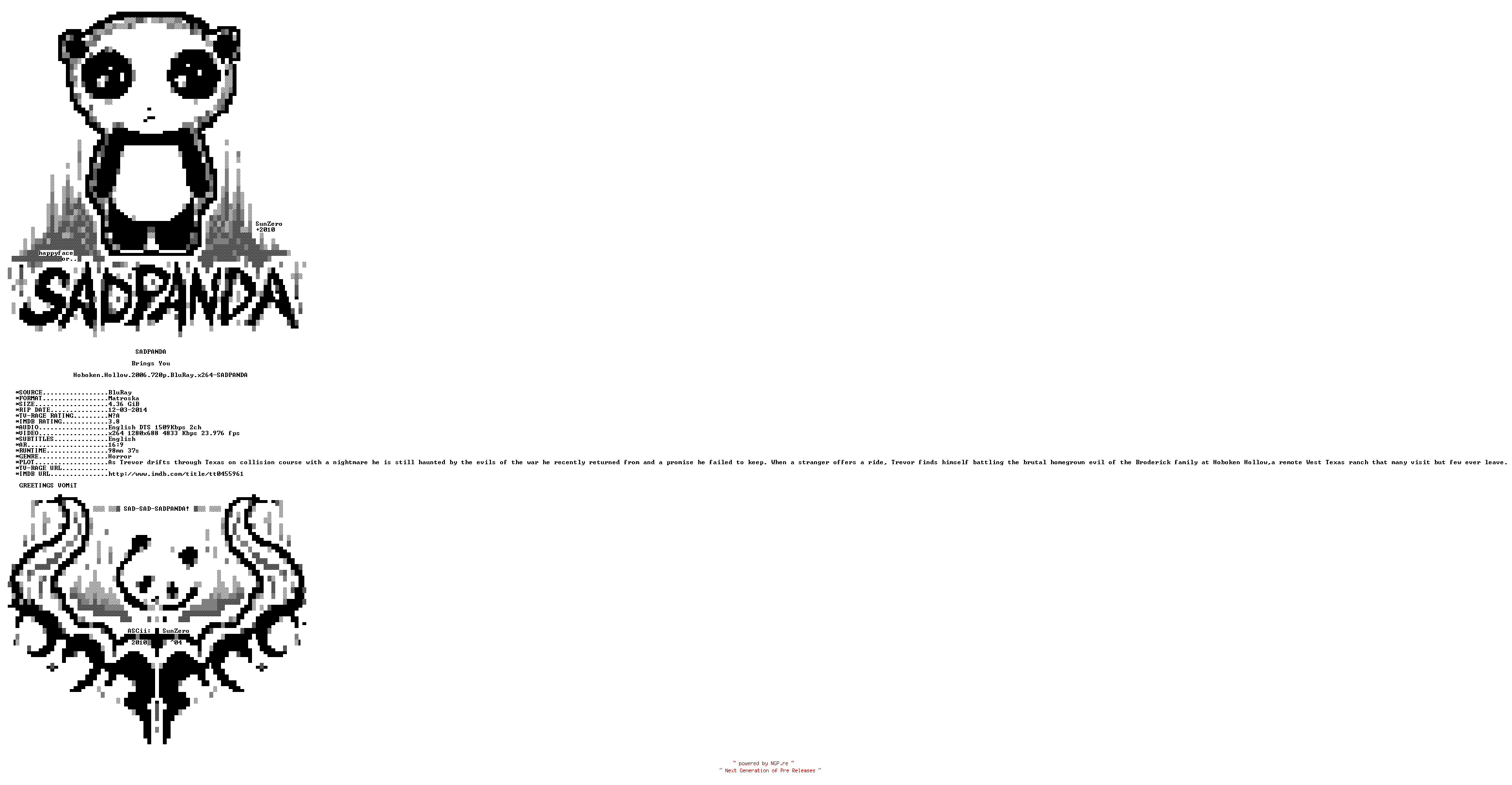 NFO for the release Hoboken.Hollow.2006.720p.BluRay.x264-SADPANDA by SADPANDA