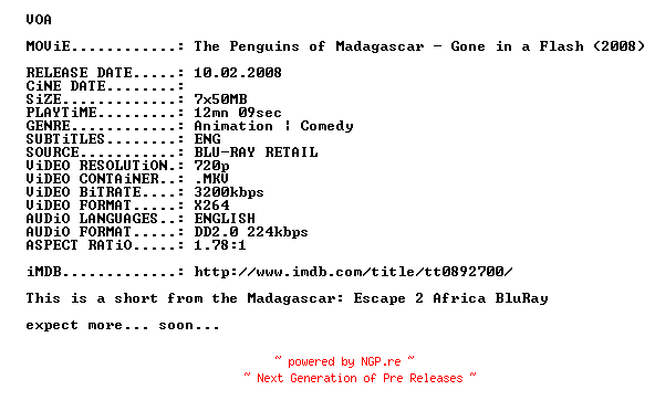 NFO for the release The.Penguins.of.Madagascar.Gone.in.a.Flash.2008.720p.BluRay.x264-VOA by VOA