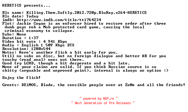 NFO for the release Killing.Them.Softly.2012.720p.BluRay.x264-HERETICS by HERETICS
