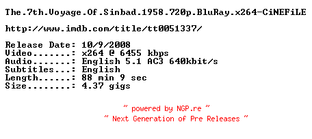 NFO for the release The.7th.Voyage.Of.Sinbad.1958.720p.BluRay.x264-CiNEFiLE by CiNEFiLE