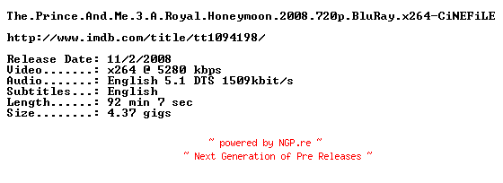 NFO for the release The.Prince.And.Me.3.A.Royal.Honeymoon.2008.720p.BluRay.x264-CiNEFiLE by CiNEFiLE