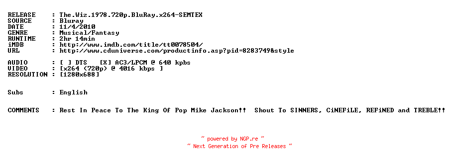 NFO for the release The.Wiz.1978.720p.BluRay.x264-SEMTEX by SEMTEX