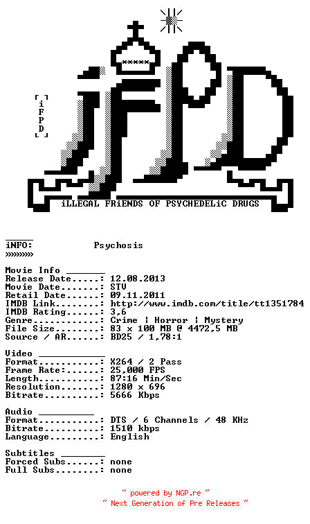 NFO for the release Psychosis.2010.720p.BluRay.x264-iFPD by iFPD