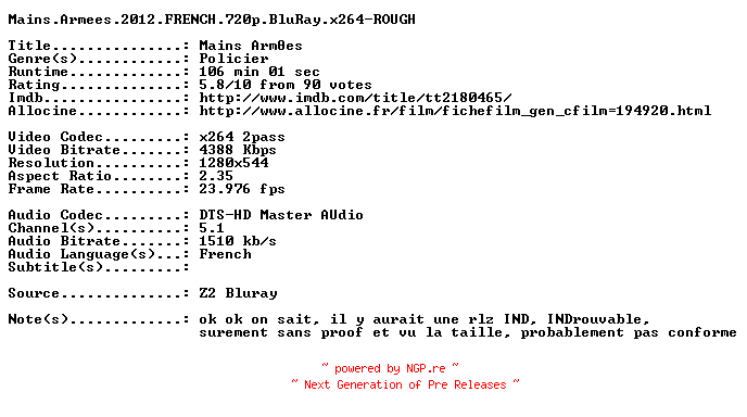 NFO for the release Mains.Armees.2012.FRENCH.720p.BluRay.x264-ROUGH by ROUGH