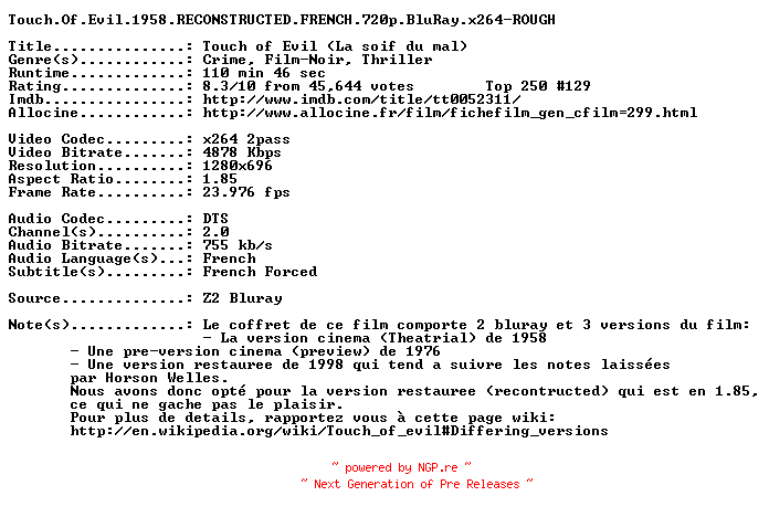 NFO for the release Touch.Of.Evil.1958.RECONSTRUCTED.FRENCH.720p.BluRay.x264-ROUGH by ROUGH