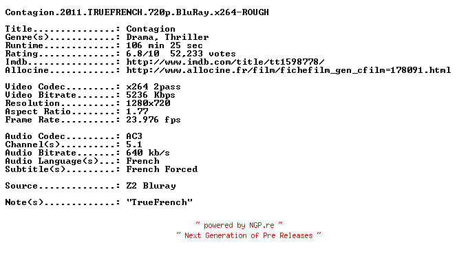 NFO for the release Contagion.2011.TRUEFRENCH.720p.BluRay.x264-ROUGH by ROUGH