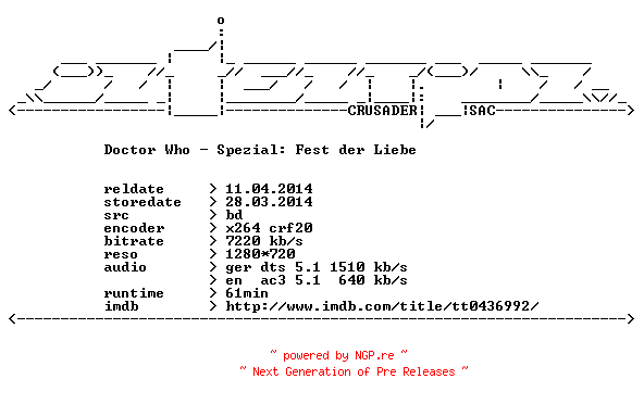 NFO for the release Doctor.Who.Spezial.Fest.der.Liebe.German.DL.720p.BluRay.x264-iNTENTiON by iNTENTiON