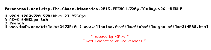 NFO for the release Paranormal.Activity.The.Ghost.Dimension.2015.FRENCH.720p.BluRay.x264-VENUE by VENUE