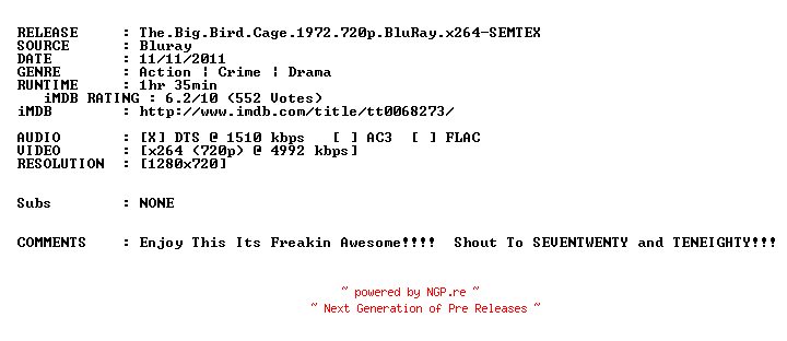 NFO for the release The.Big.Bird.Cage.1972.720p.BluRay.x264-SEMTEX by SEMTEX