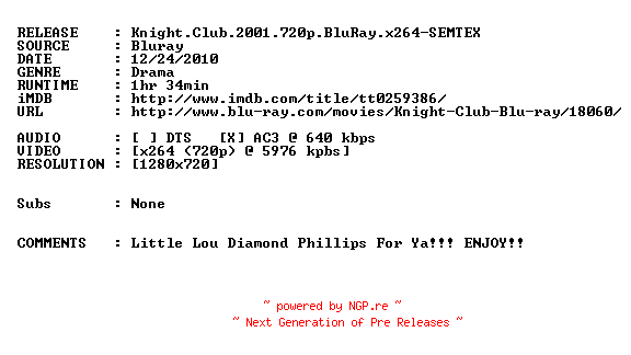 NFO for the release Knight.Club.2001.720p.BluRay.x264-SEMTEX by SEMTEX