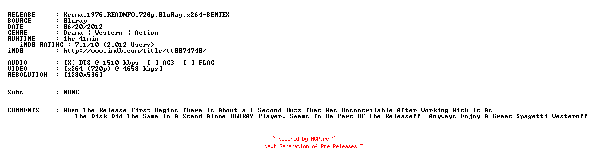 NFO for the release Keoma.1976.READNFO.720p.BluRay.x264-SEMTEX by SEMTEX