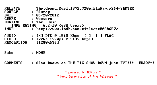 NFO for the release The.Grand.Duel.1972.720p.BluRay.x264-SEMTEX by SEMTEX